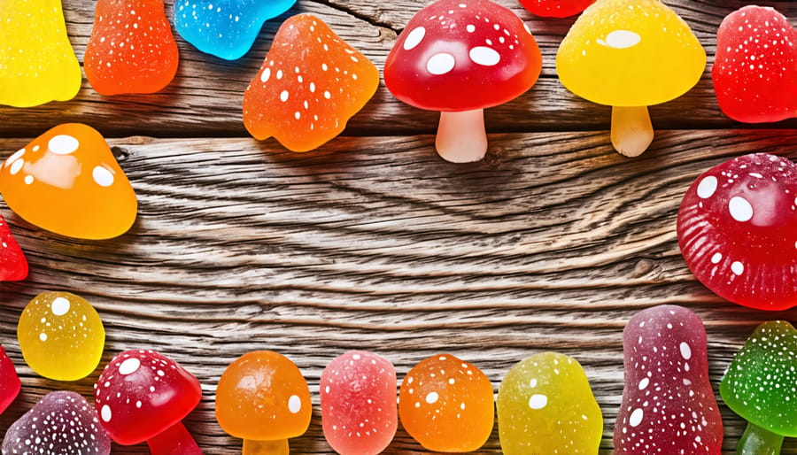 Various types of mushroom gummies in different colors and shapes on a wooden table