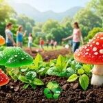 A conceptual depiction of mushroom gummies emerging from the earth as part of a sustainable ecosystem, surrounded by green symbols and small groups of people practicing eco-friendly agriculture.