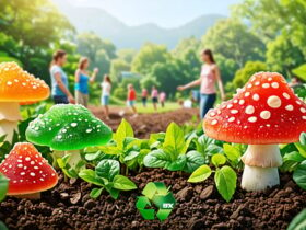 A conceptual depiction of mushroom gummies emerging from the earth as part of a sustainable ecosystem, surrounded by green symbols and small groups of people practicing eco-friendly agriculture.