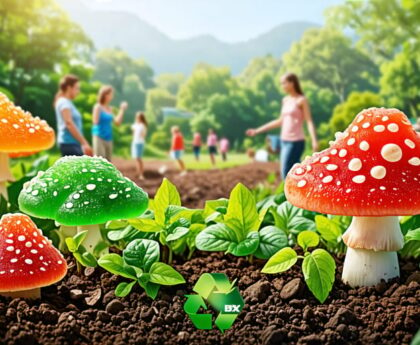 A conceptual depiction of mushroom gummies emerging from the earth as part of a sustainable ecosystem, surrounded by green symbols and small groups of people practicing eco-friendly agriculture.