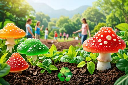 A conceptual depiction of mushroom gummies emerging from the earth as part of a sustainable ecosystem, surrounded by green symbols and small groups of people practicing eco-friendly agriculture.