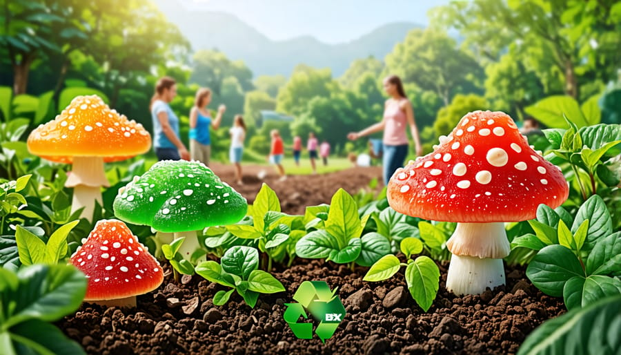 A conceptual depiction of mushroom gummies emerging from the earth as part of a sustainable ecosystem, surrounded by green symbols and small groups of people practicing eco-friendly agriculture.